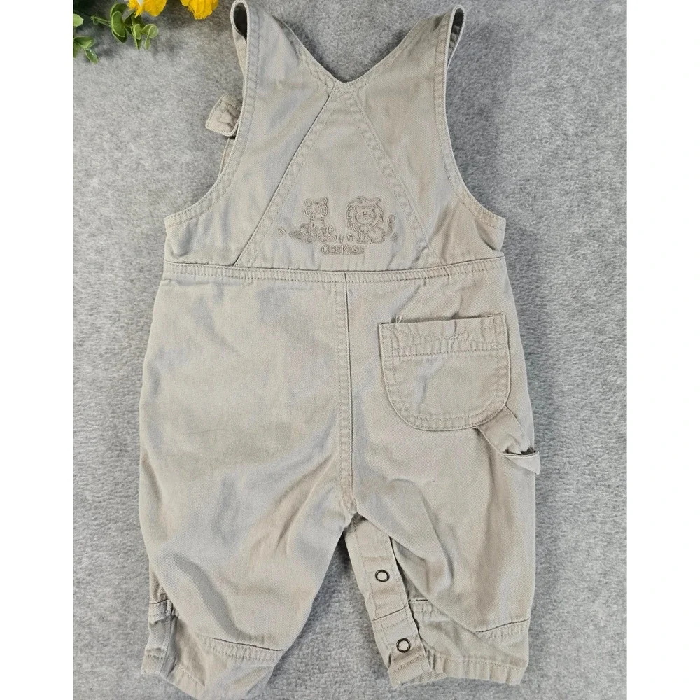 OshKosh Vintage Y2K Overalls Baby 3-6m Tan Khaki Safari Lion Embroidered Canvas